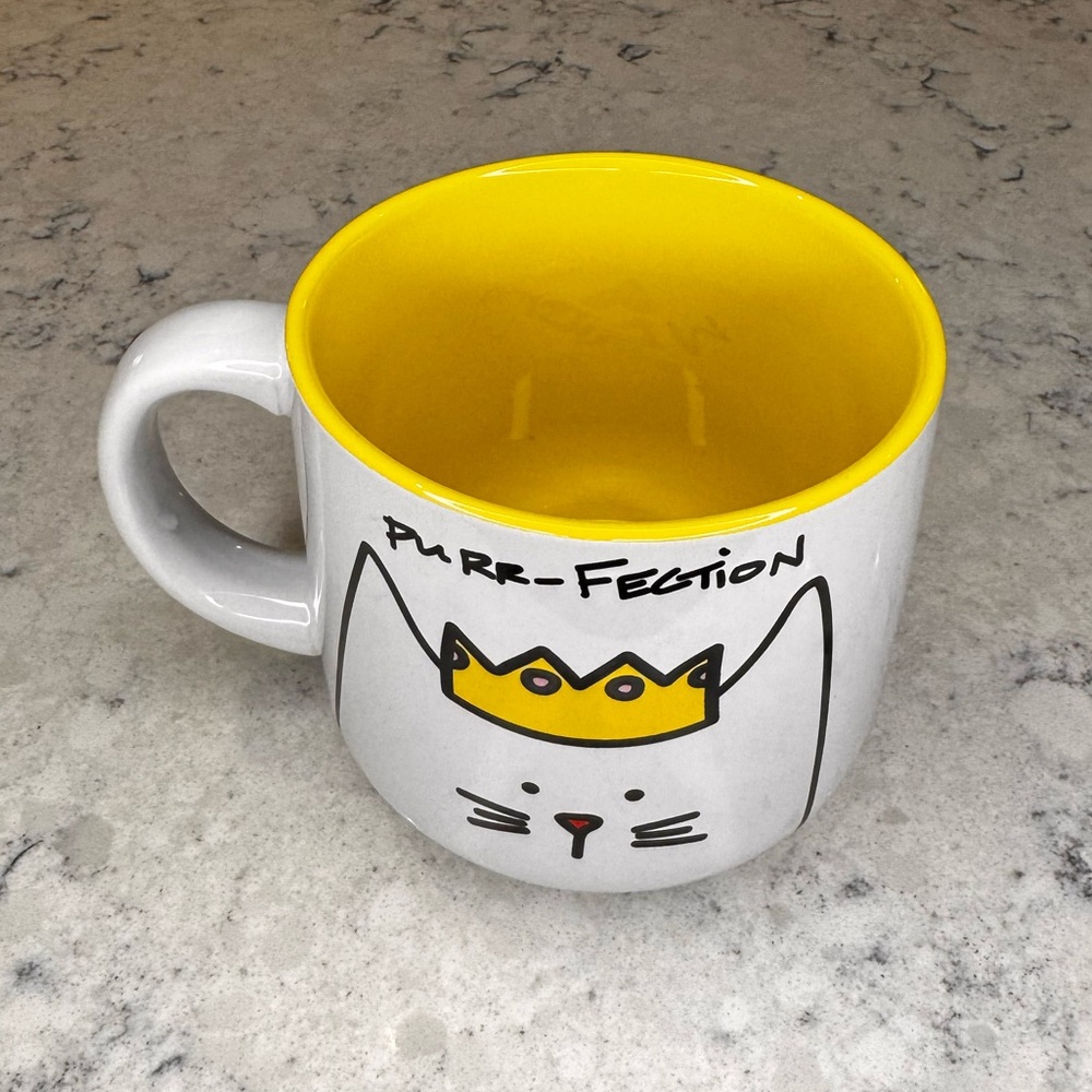 LARGE “Blobby Cat” Mug with Yellow Interior - Purr-Fection, approx 14-16oz